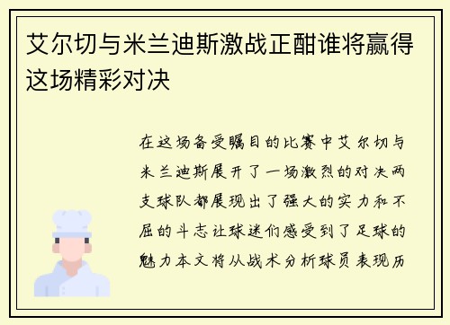 艾尔切与米兰迪斯激战正酣谁将赢得这场精彩对决